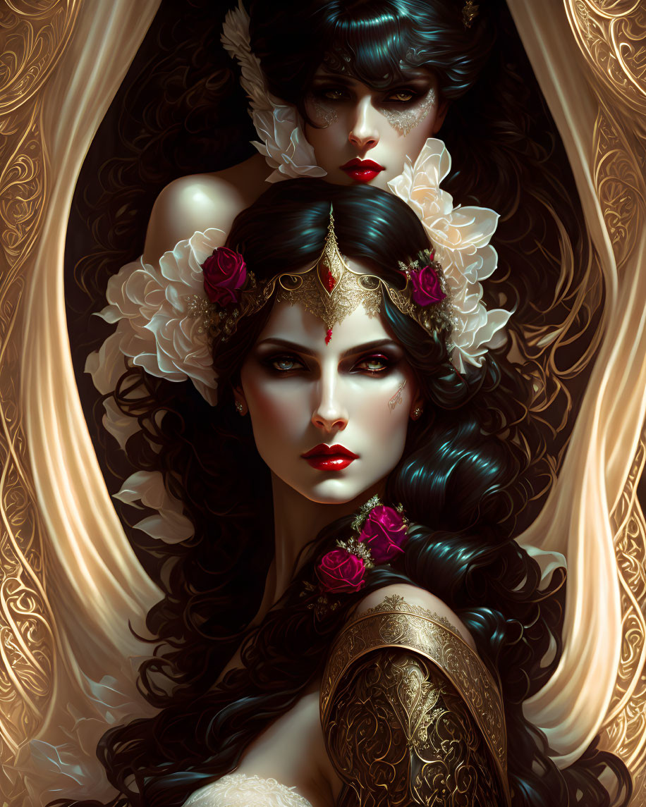 Digital artwork featuring woman with dark hair, roses, golden headpiece, ornate patterns, and l
