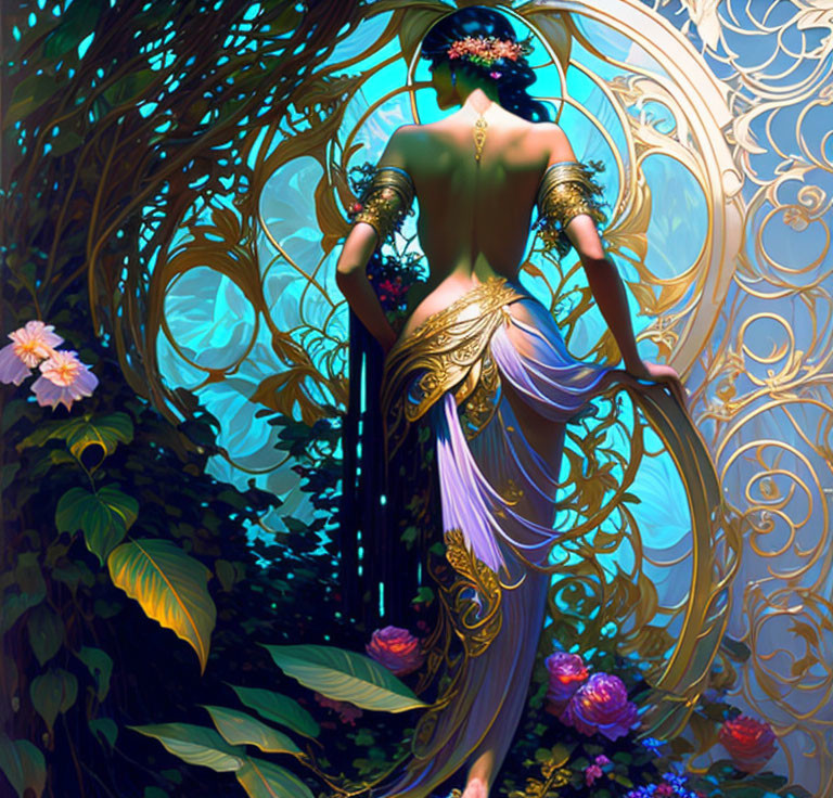 Fantasy-themed artwork featuring a woman in ornate golden attire amidst lush foliage
