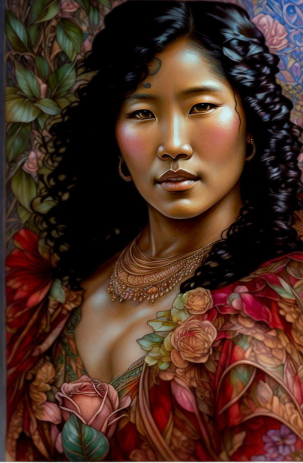 Stylized portrait of a woman with long wavy hair and intricate jewelry surrounded by vibrant floral patterns