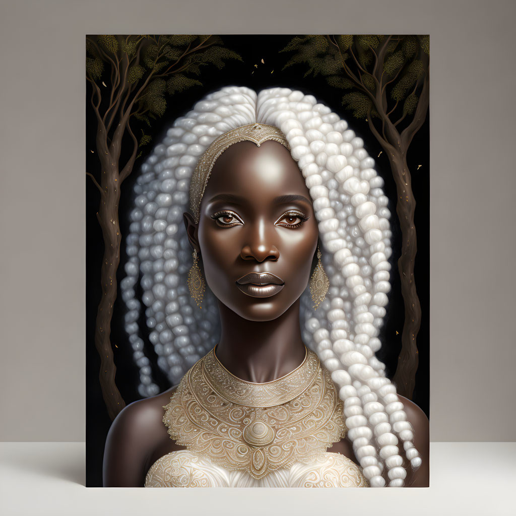 Woman with White Braided Hair and Golden Jewelry on Tree Branch Background