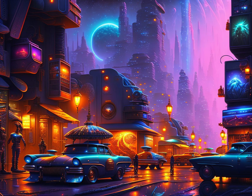 Futuristic cyberpunk cityscape at night with neon signs, skyscrapers, and crescent