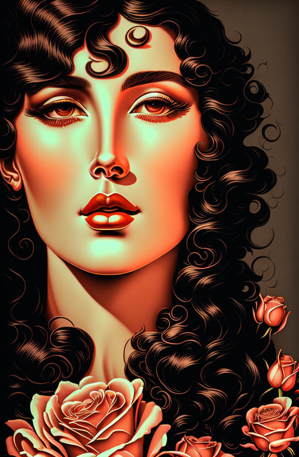 Digital portrait of woman with curly hair and roses in warm hues