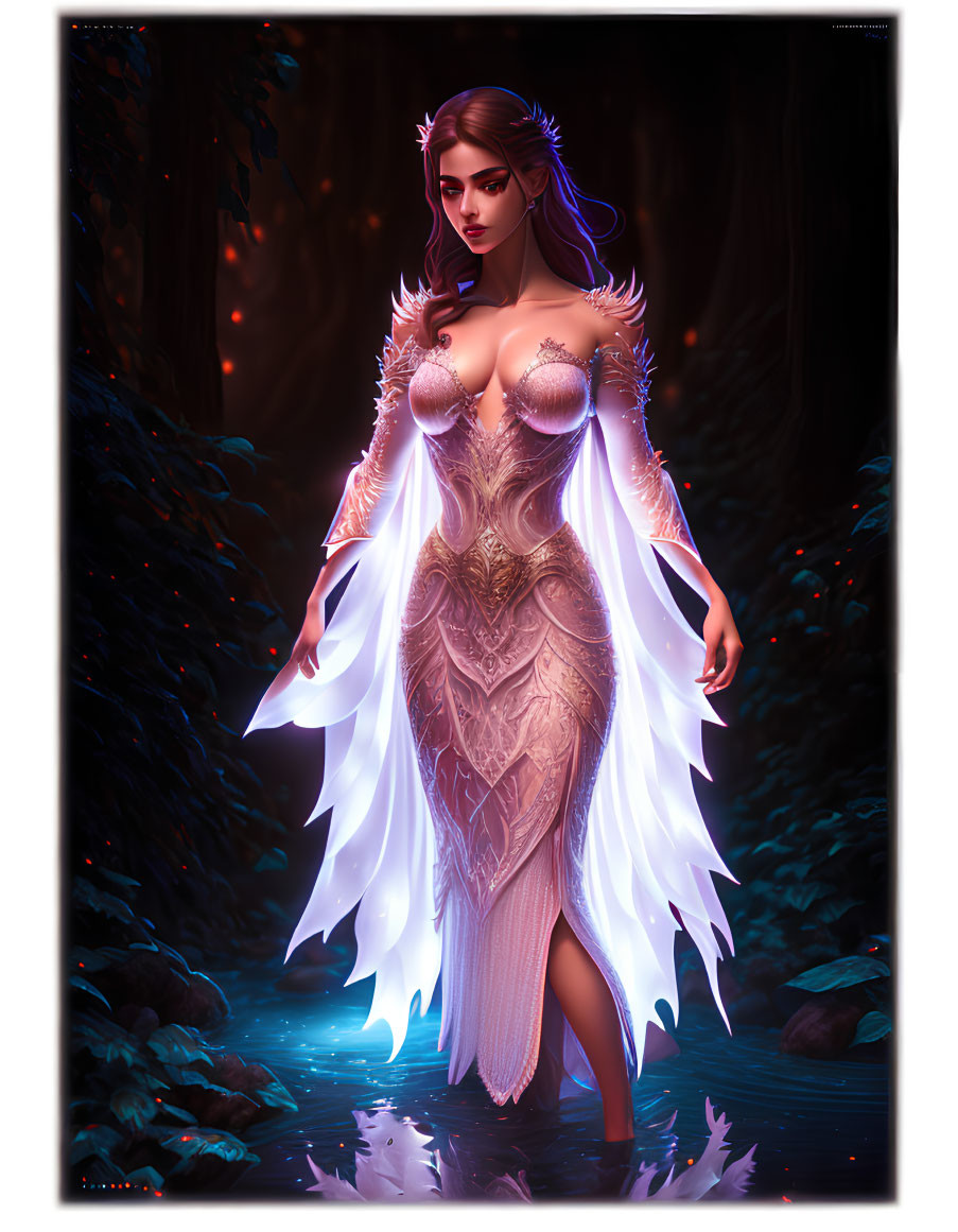 Fantasy illustration of woman with glowing wings and ornate armor in enchanted forest