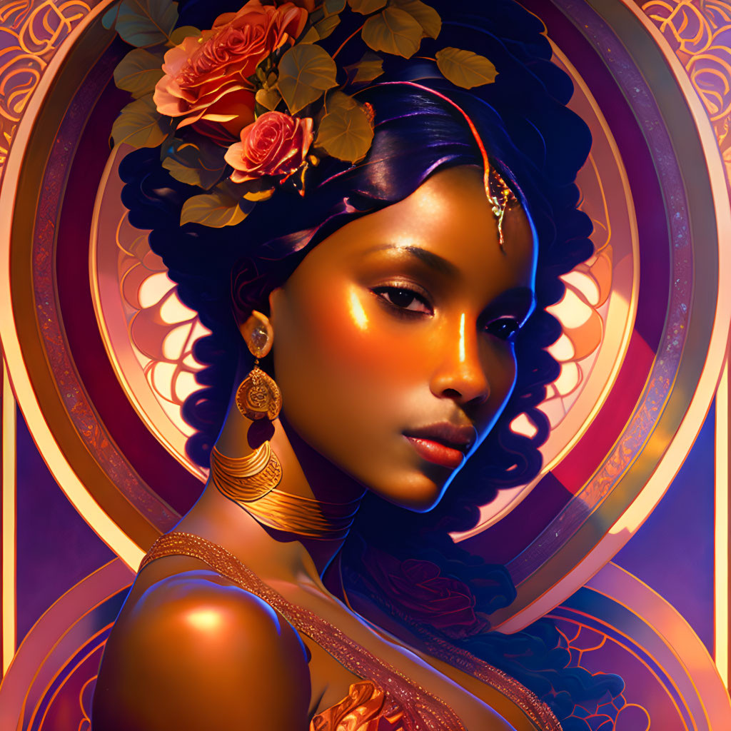Illustrated portrait of a woman with golden jewelry and roses in her hair on mandala background.