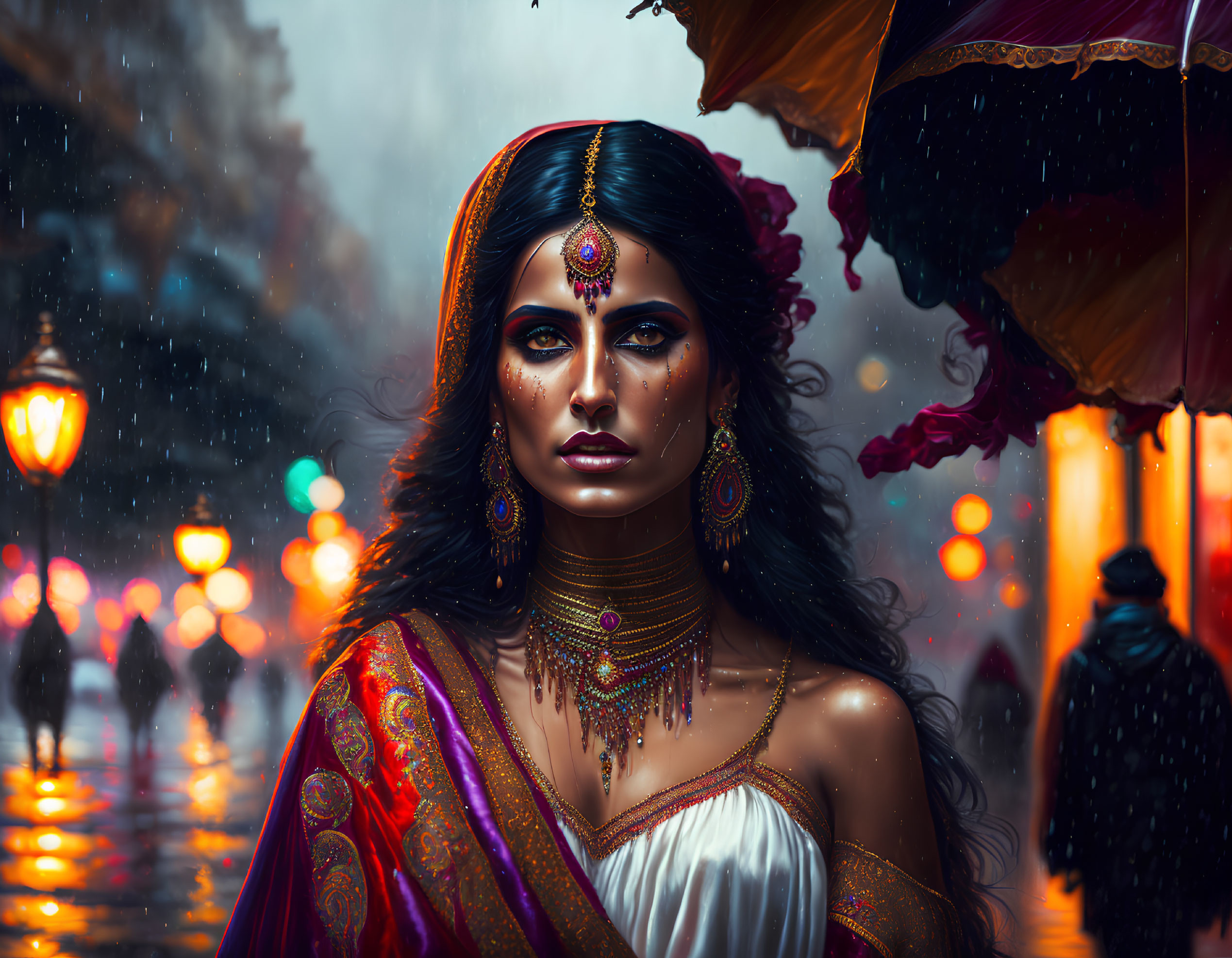 Woman in traditional Indian attire with elaborate jewelry in colorful rainy street
