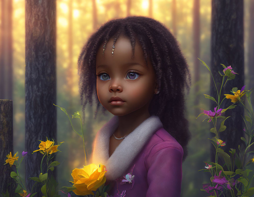 Digital illustration of young girl with blue eyes and braided hair in pink coat, surrounded by forest and