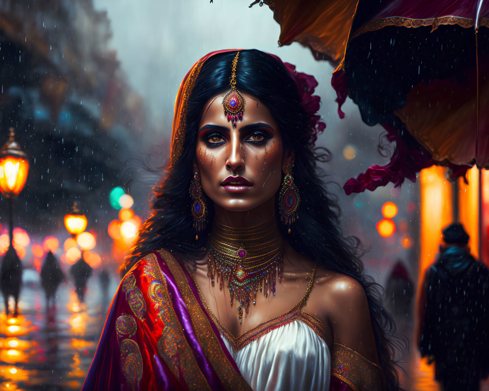 Woman in traditional Indian attire with elaborate jewelry in colorful rainy street
