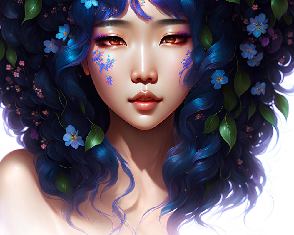 Detailed Digital Portrait: Woman with Flowing Blue Hair and Floral Adornments