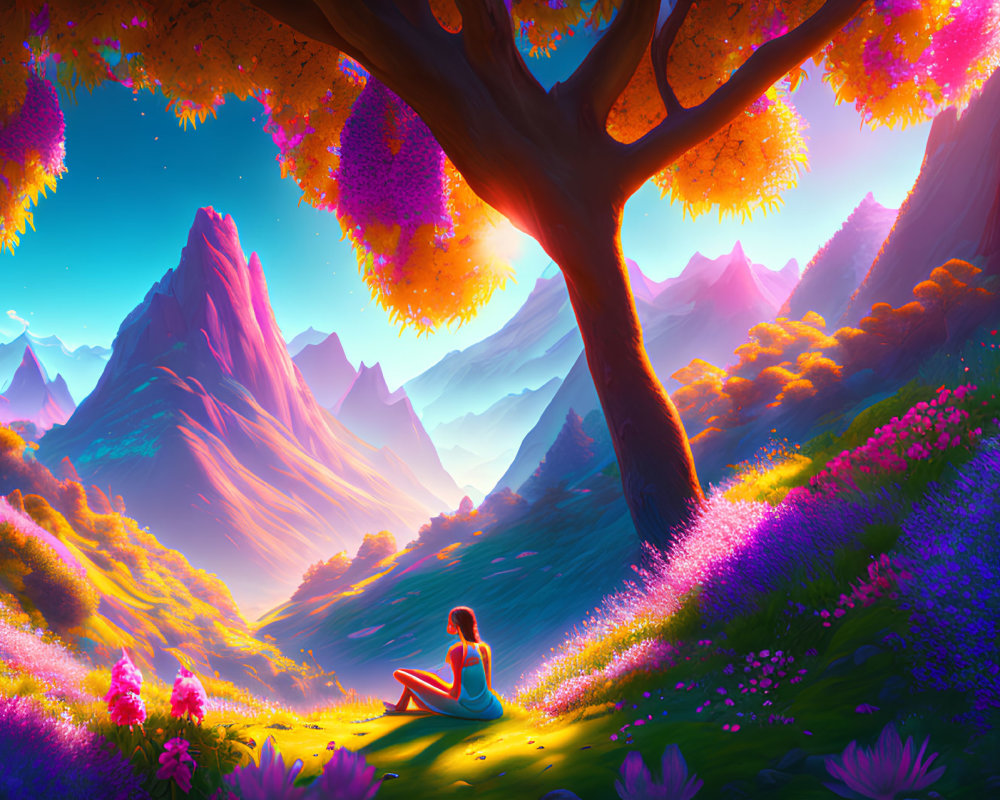 Colorful Landscape with Person, Tree, Mountains, Flowers, and Sunset