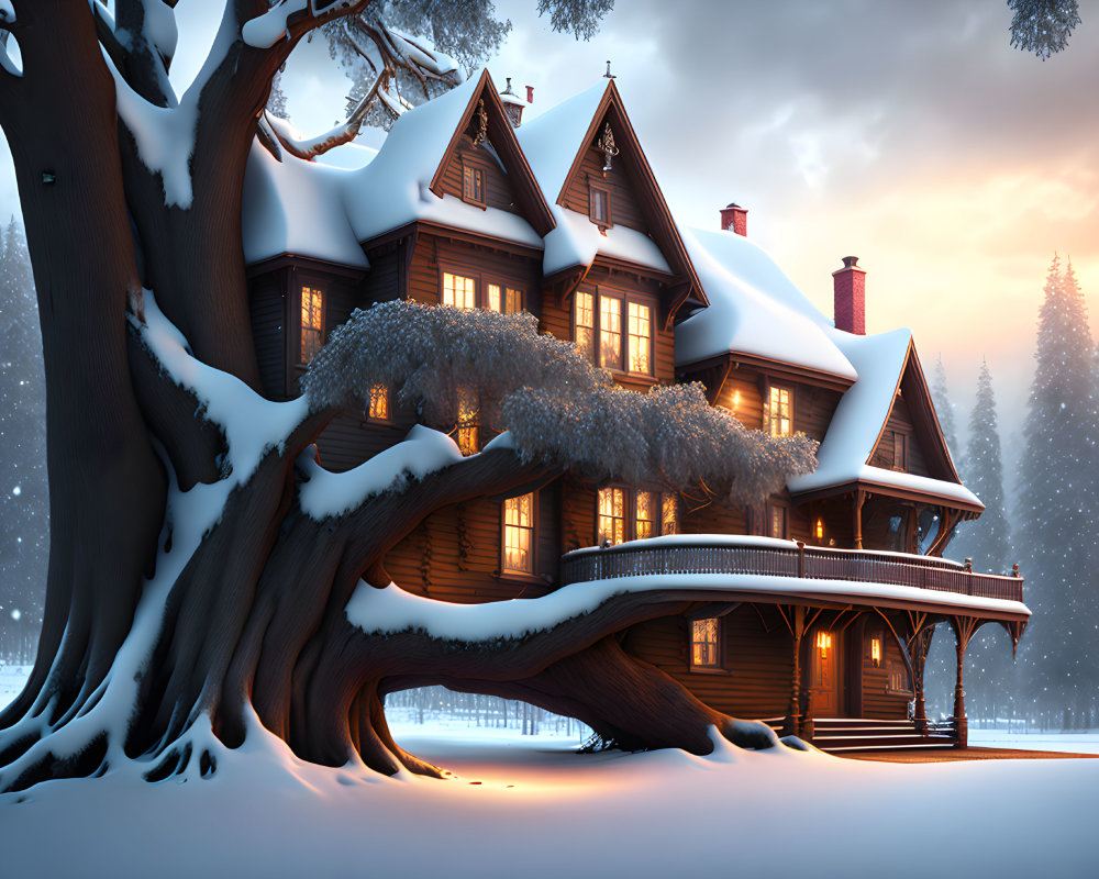 Cozy wooden cabin in snowy landscape at dusk