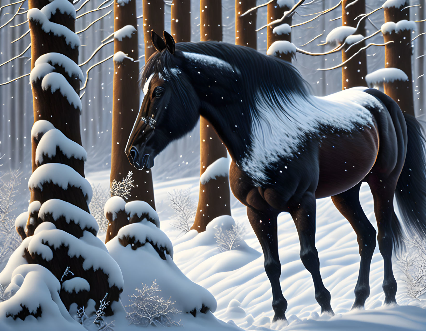 Snowy forest scene with horse in thick coat
