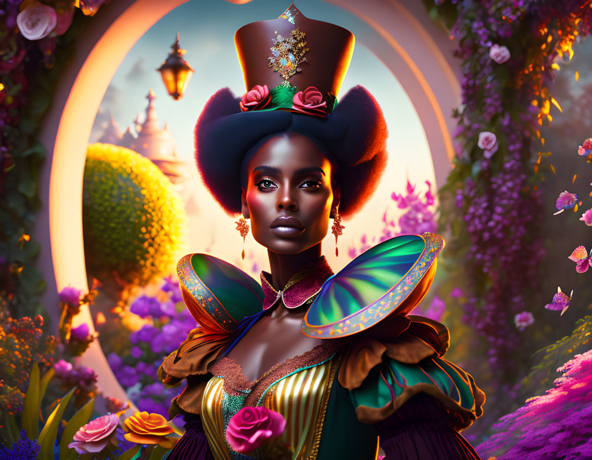 Colorful surreal portrait of woman with tall hat, flowers, and butterfly wings