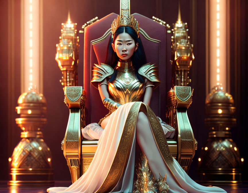 Regal woman in golden armor on majestic throne