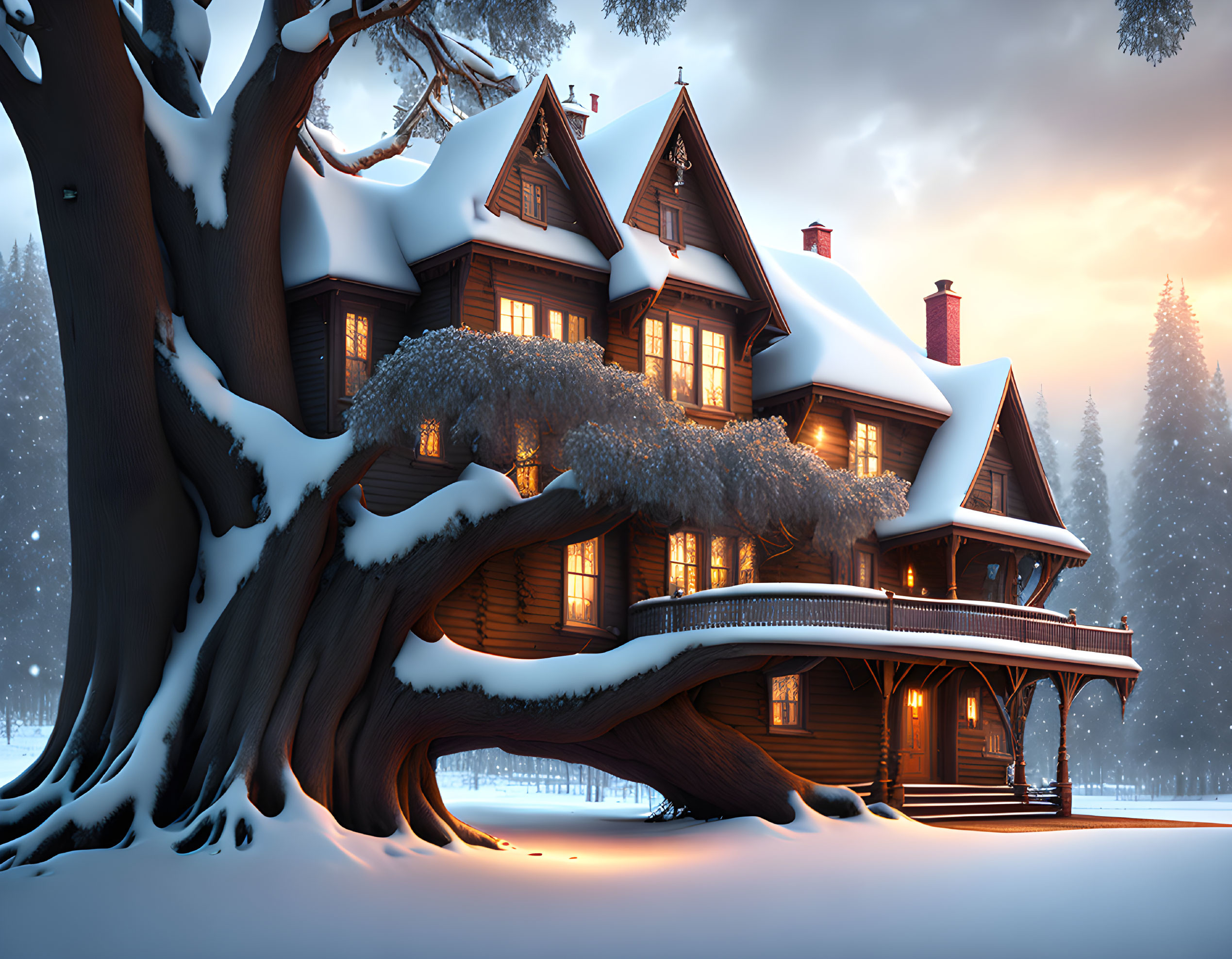 Cozy wooden cabin in snowy landscape at dusk
