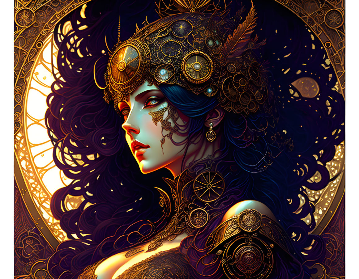Detailed Illustration: Woman with Dark Hair and Golden Headdress on Patterned Background