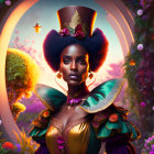 Colorful surreal portrait of woman with tall hat, flowers, and butterfly wings