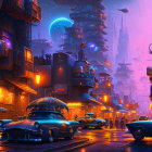 Futuristic cyberpunk cityscape at night with neon signs, skyscrapers, and crescent
