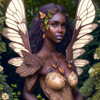Brown-skinned animated fairy with translucent wings in gold and leaf outfit in forest.