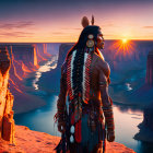 Native American Figure in Traditional Attire Overlooking Canyon at Sunset