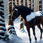 Snowy forest scene with horse in thick coat