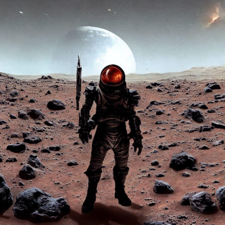 Astronaut on Mars-like terrain with reflective visor and moon in background