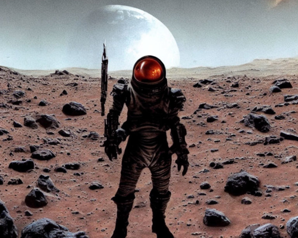 Astronaut on Mars-like terrain with reflective visor and moon in background