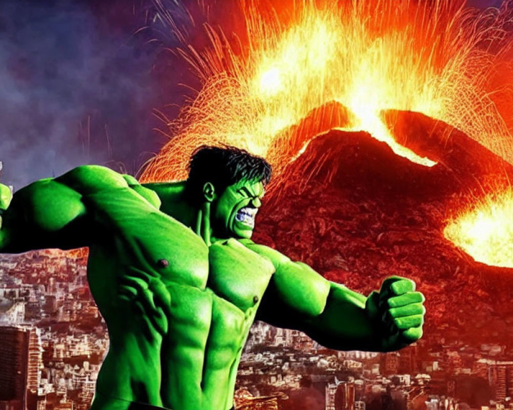 Digital artwork: Hulk with erupting volcano in cityscape at dusk/dawn