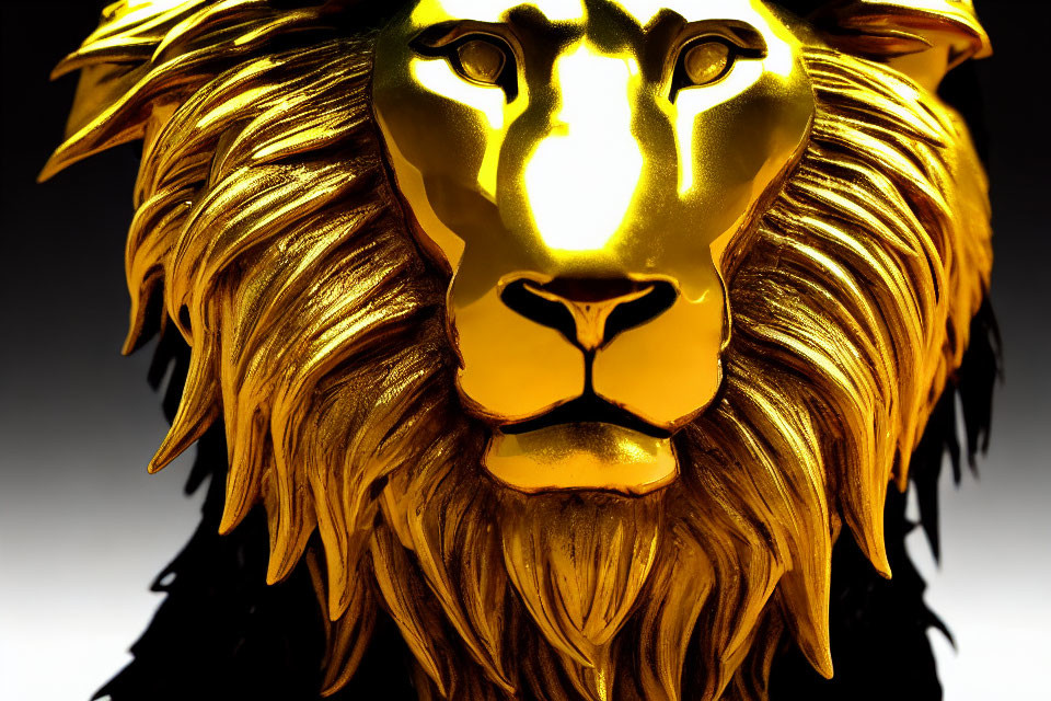 Golden lion sculpture with glowing mane and dramatic lighting on dark background