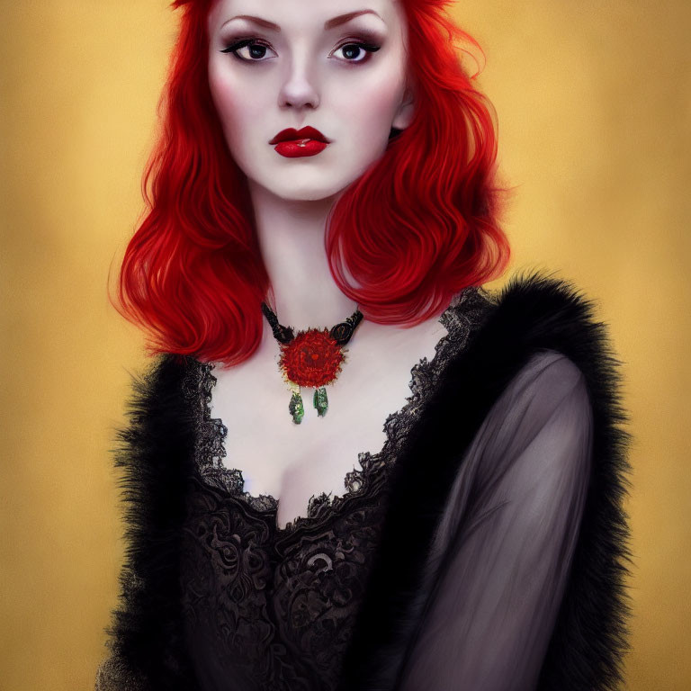 Digital portrait of woman with red hair, fair skin, red lips, lace dress, bold necklace,
