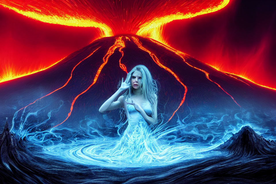 Fantasy scene: Woman in light swirls at erupting volcano