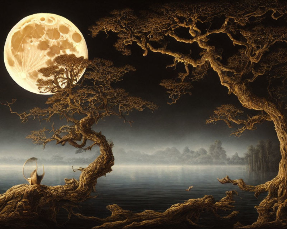 Surreal landscape with full moon, misty water, twisted trees, and small boat
