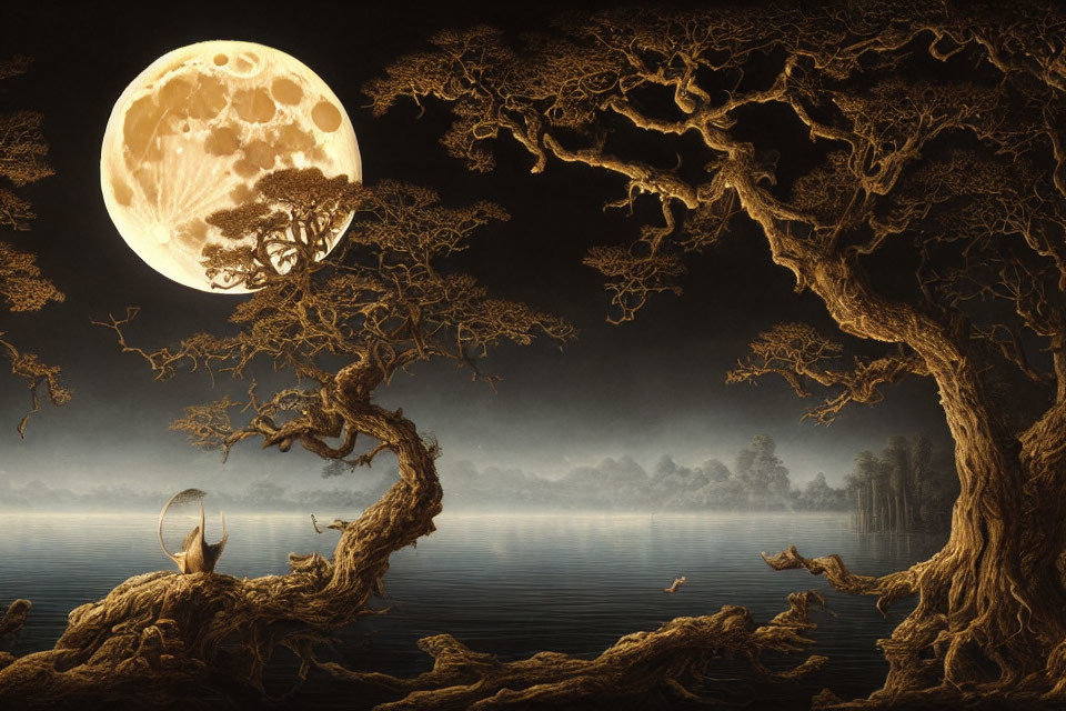 Surreal landscape with full moon, misty water, twisted trees, and small boat