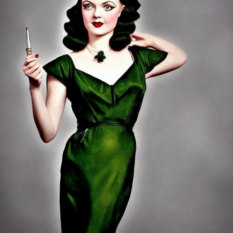 Illustration of woman with exaggerated curls and makeup in green dress with cigarette holder
