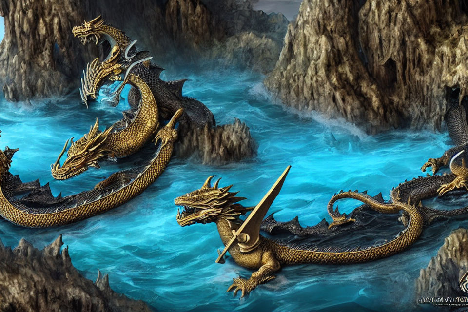 Three Golden Dragons Emerging from Blue Waters with Sword and Cliffs