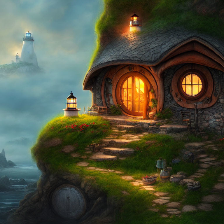 Hillside hobbit house overlooking sea with lighthouse in mist