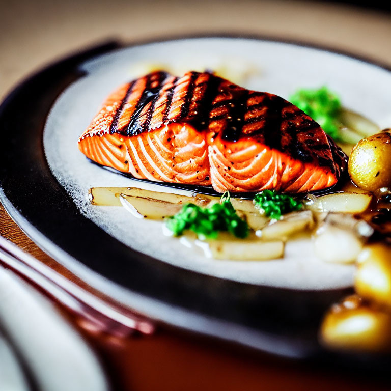 Fresh Grilled Salmon Fillet with Herbs, Almonds, and Potatoes