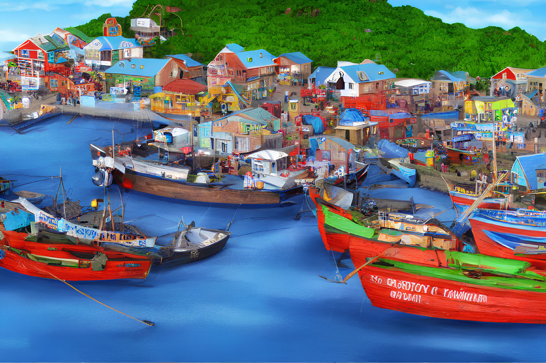 Picturesque Waterfront Village with Colorful Boats and Houses on Calm Blue Bay