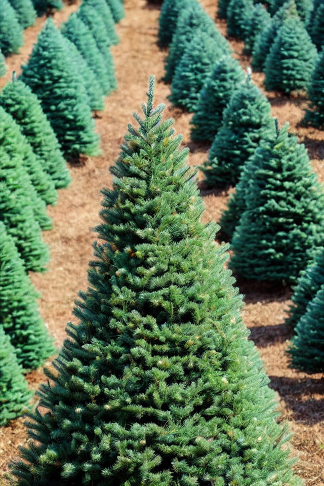 Conical Christmas trees at a tree farm with dense green foliage
