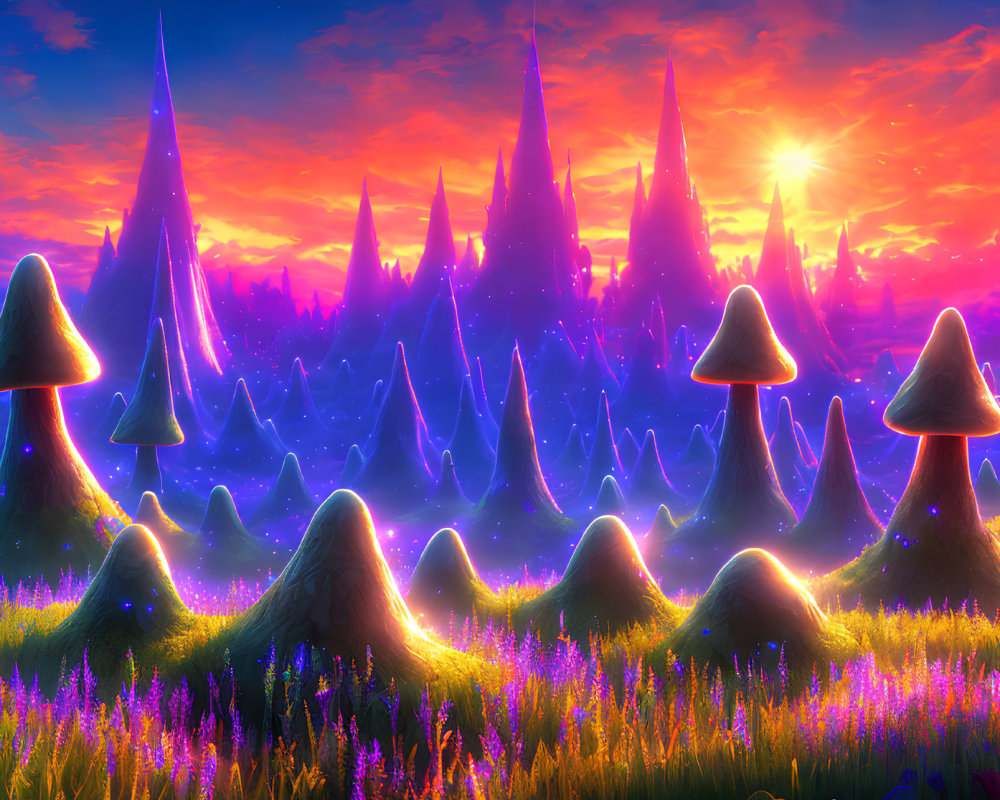 Fantasy Landscape with Luminous Mushroom Trees at Sunset