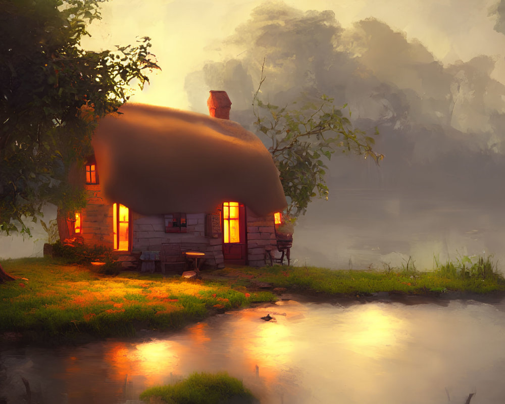 Quaint Thatched Cottage by Serene River at Dusk