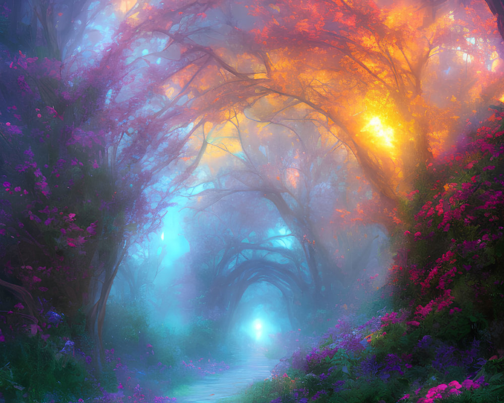 Enchanting forest path with vibrant trees and glowing lights