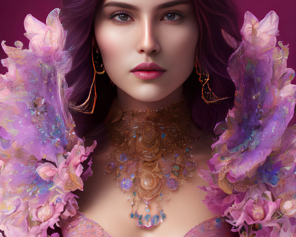 Portrait of a woman with purple hair and golden jewelry in a floral setting