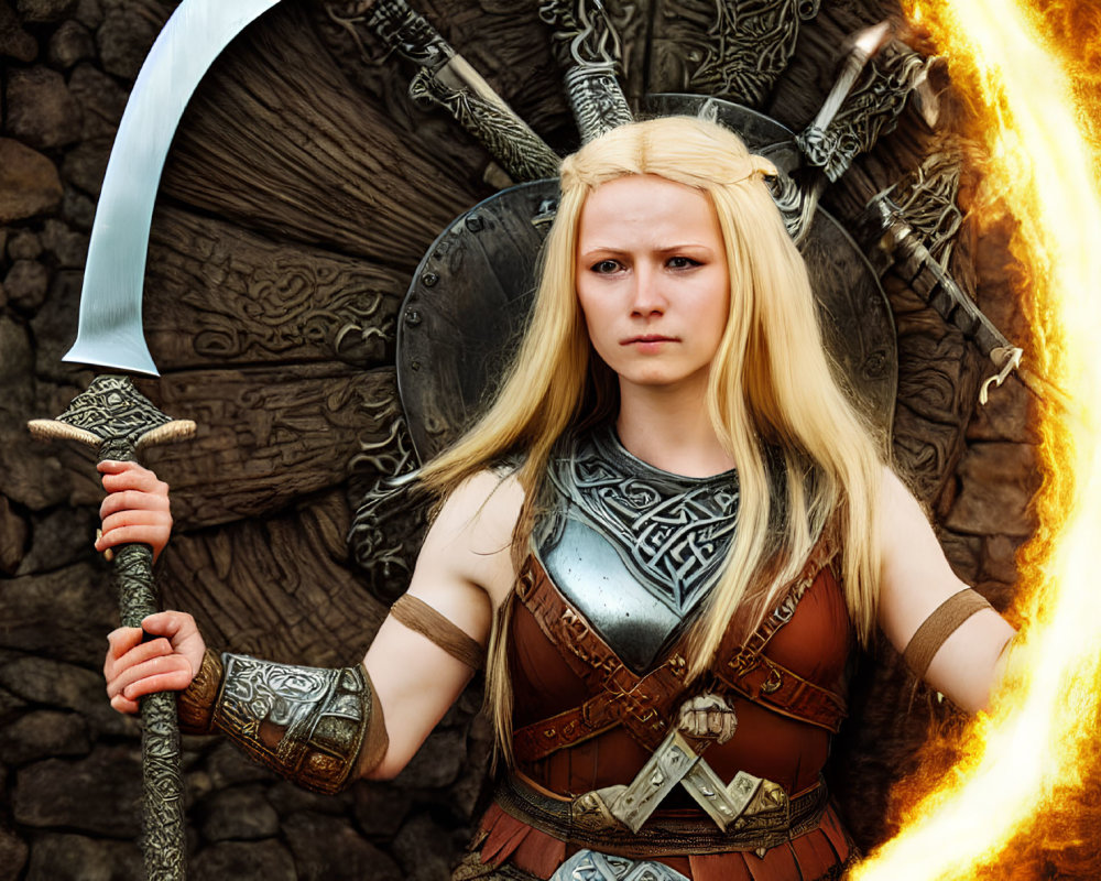 Blonde Warrior Woman with Sword and Shield Beside Fiery Portal