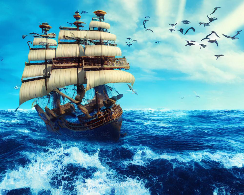 Sailing ship with white sails on deep blue ocean with seagulls in partly cloudy sky
