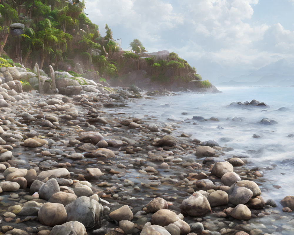 Tranquil pebbled beach with lush greenery and rocky cliffs