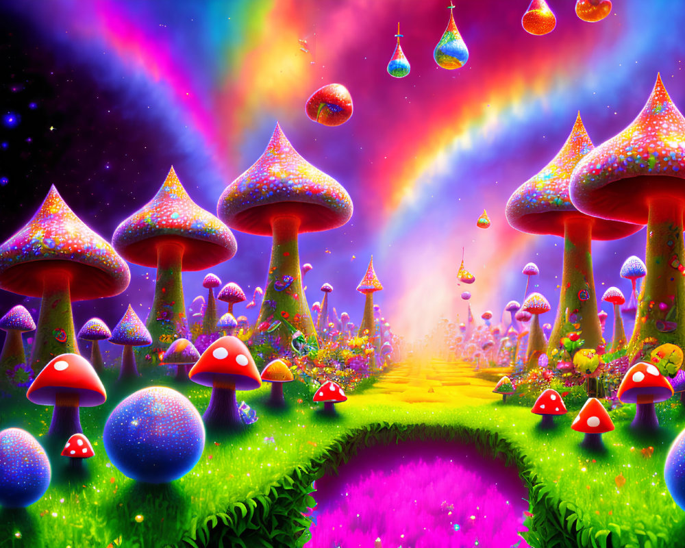 Colorful Fantasy Landscape with Oversized Mushrooms and Rainbow Sky