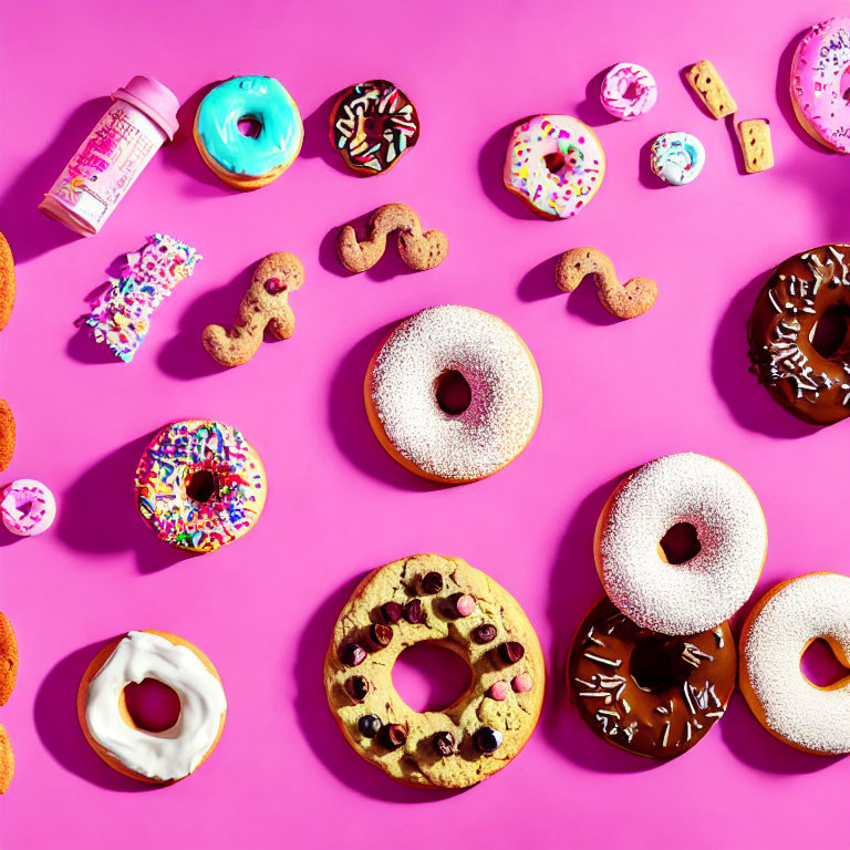 Colorful Assorted Donuts on Vibrant Pink Background