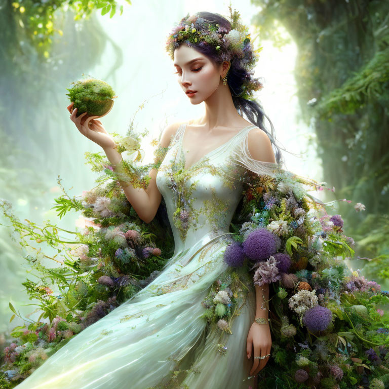 Woman in floral dress gazes at green orb in mystical forest.