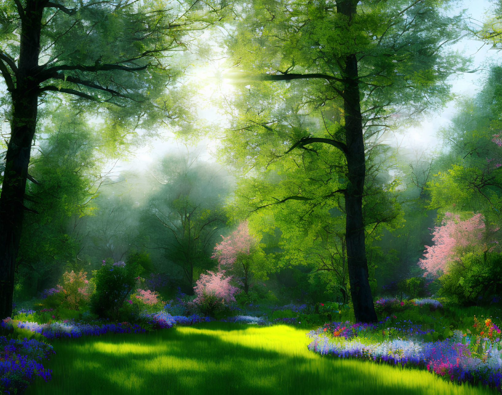 Sunlit forest glade with vibrant wildflowers and misty trees