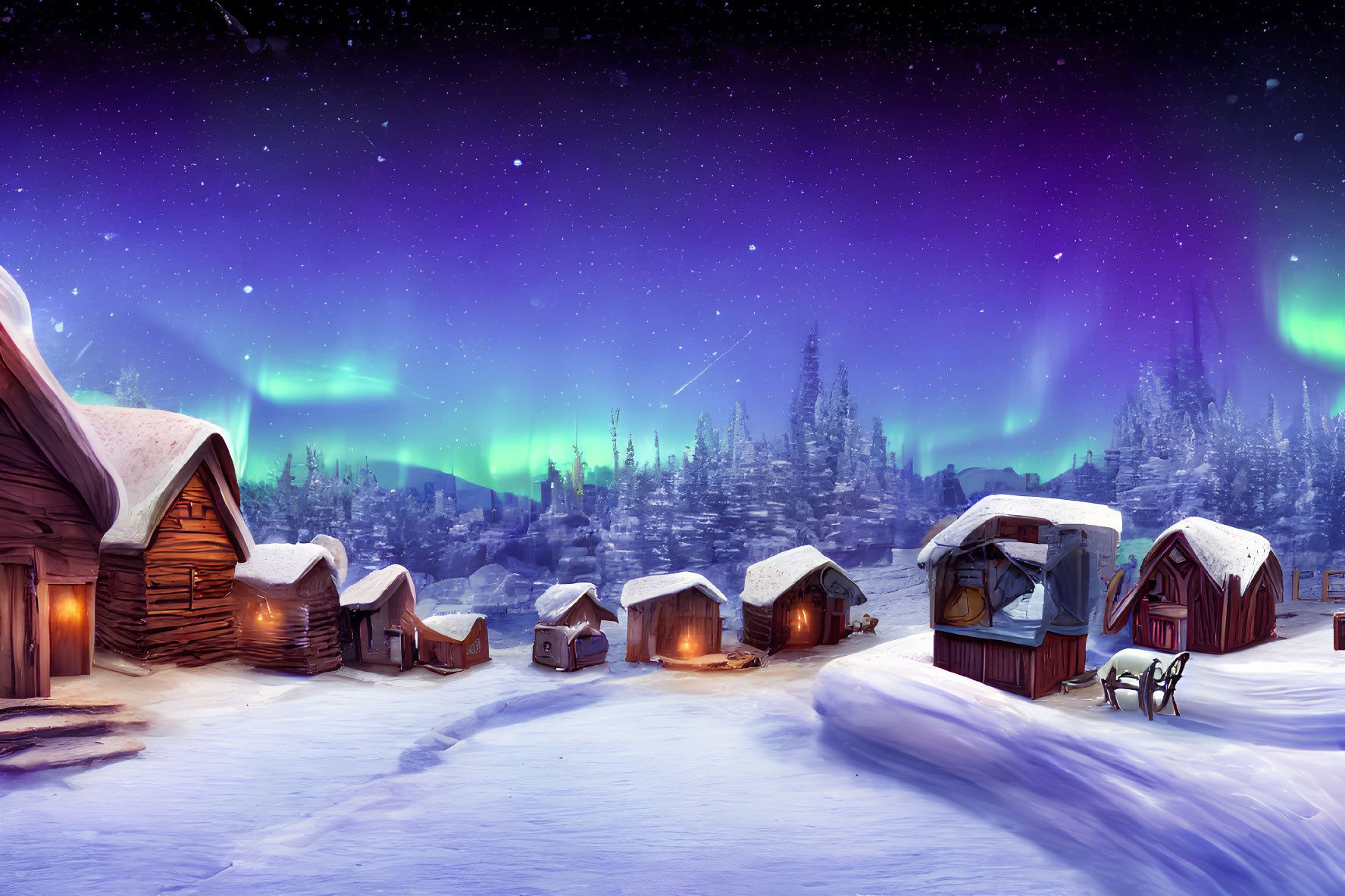 Winter village scene with cabins under Northern Lights